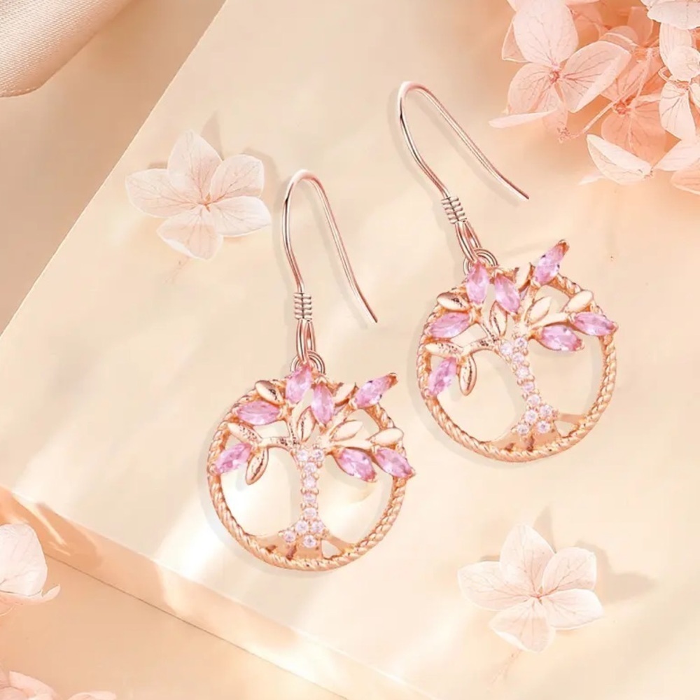 NEW! Rose Gold Tree of Life Dangle Earrings Rhinestone Lucky Charm  🎄 A3-124